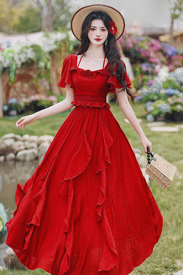Crimson Halterneck Vintage Lolita Long Skirt Set with Ruffles