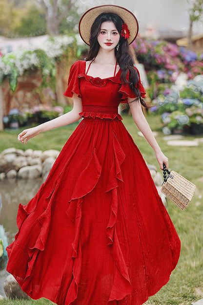 Crimson Halterneck Vintage Lolita Long Skirt Set with Ruffles