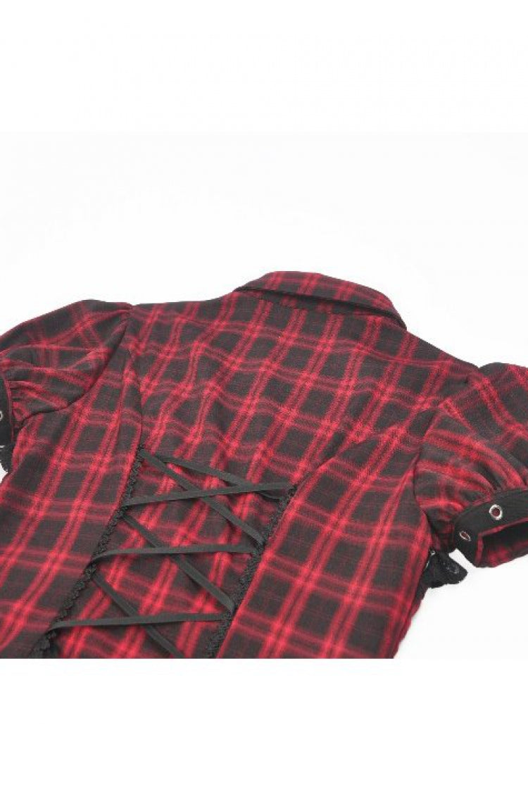 Crimson & Charcoal Tartan Notch Collar Cutout Short Sleeve Laced Punk Retro Mini Dress