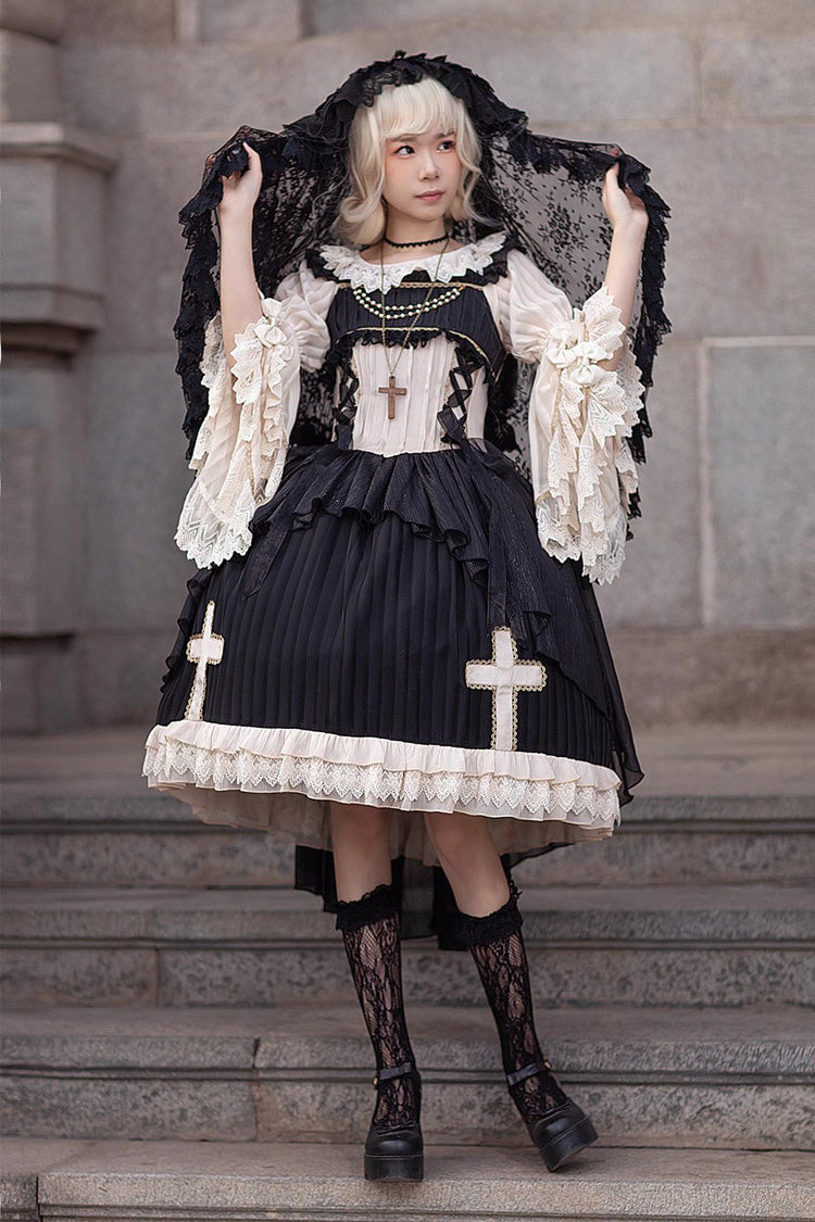 Gothic Lolita Dress with Cross Embroidery, Ruffle and Eternal Life Song Print