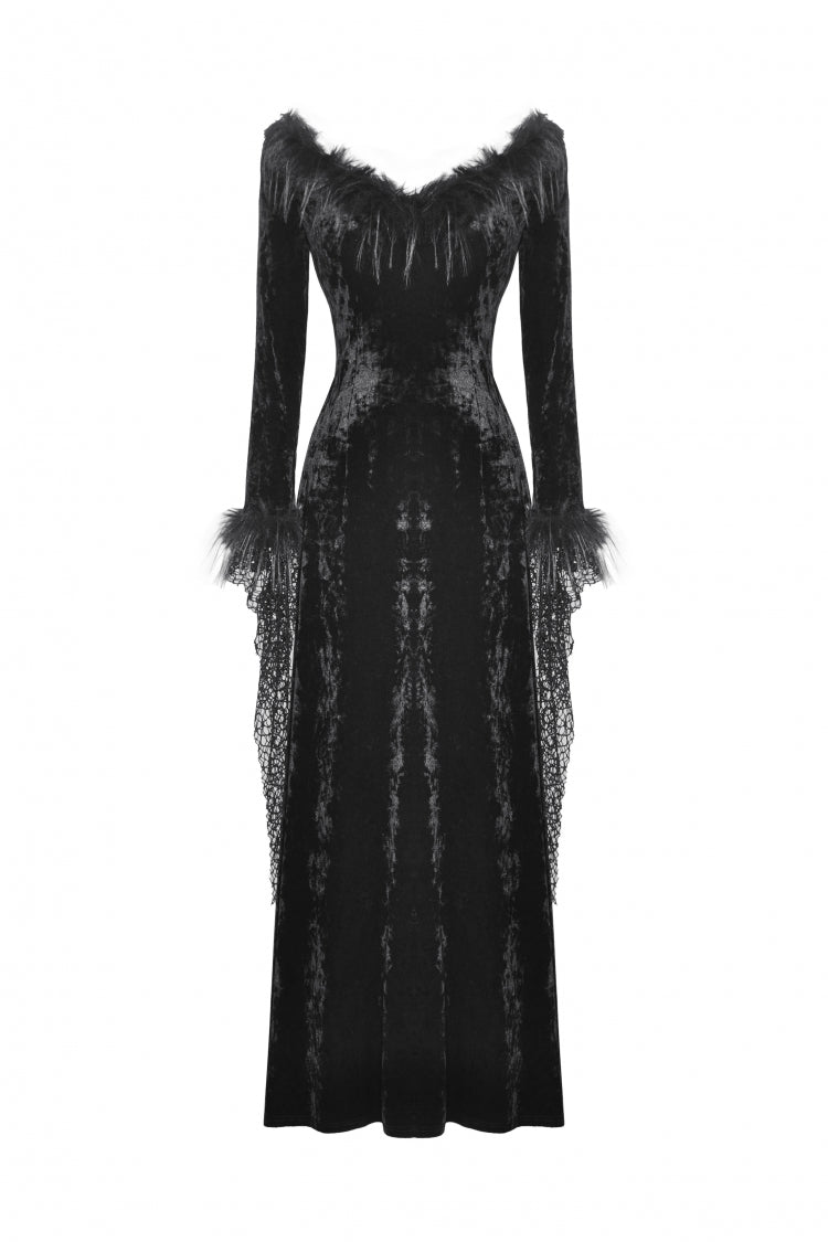 Ebony Long-Sleeve Velvet Lace Gothic Maxi Wedding Gown