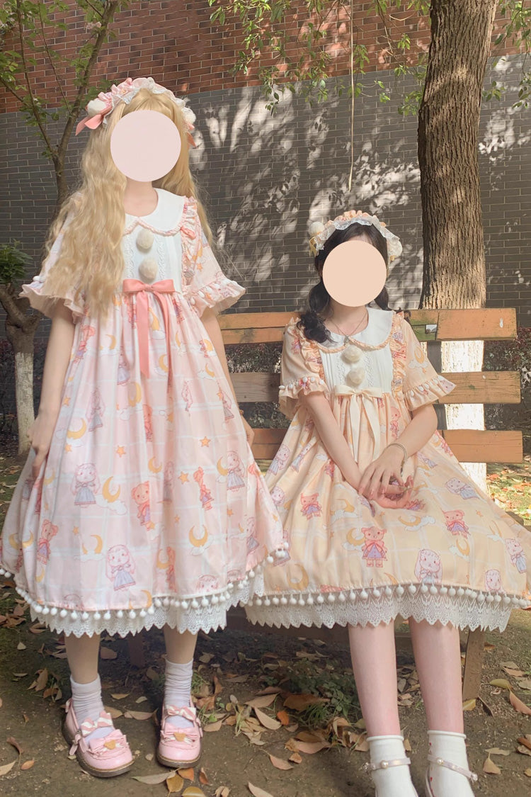Doll Collar Short Sleeve Bunny Bear Moon Bow Stitch Sweet Dress