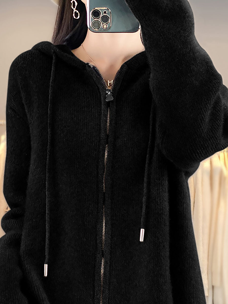 Women Autumn Casual 100%Wool Hooded Cardigan Sweater BA1059