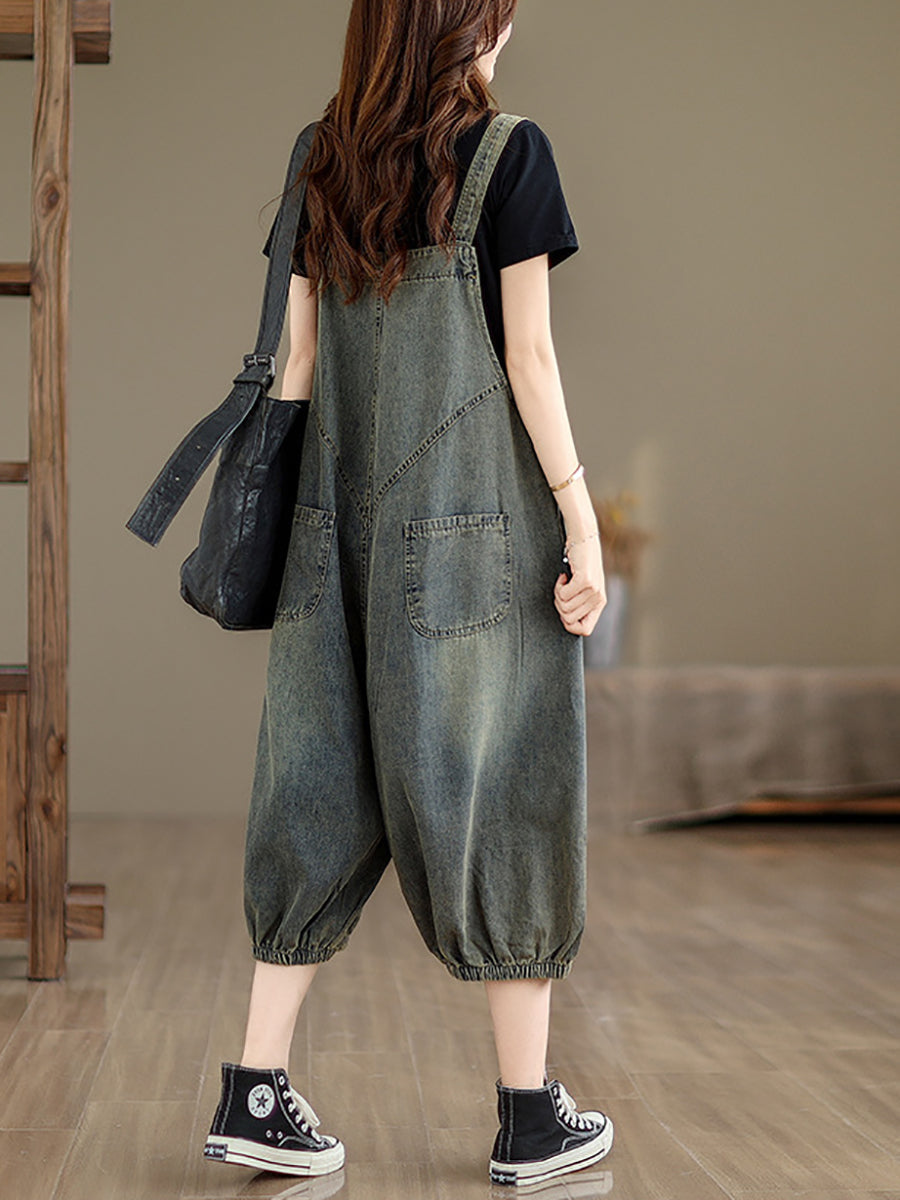 Women Retro Summer Solid Pocket Denim Jumpsuits FG1035