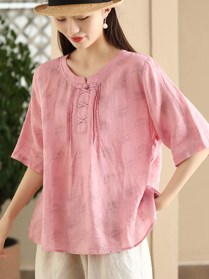 Women Summer Artsy Flower Stand Collar Ramie Shirt LL040