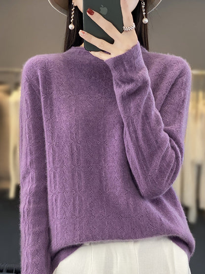 Women Autumn Casual Turtleneck 100%Wool Knit Sweater QU028