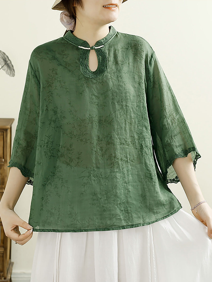 Women Summer Ethnic Floral Embroidery Thin Ramie Shirt HH041