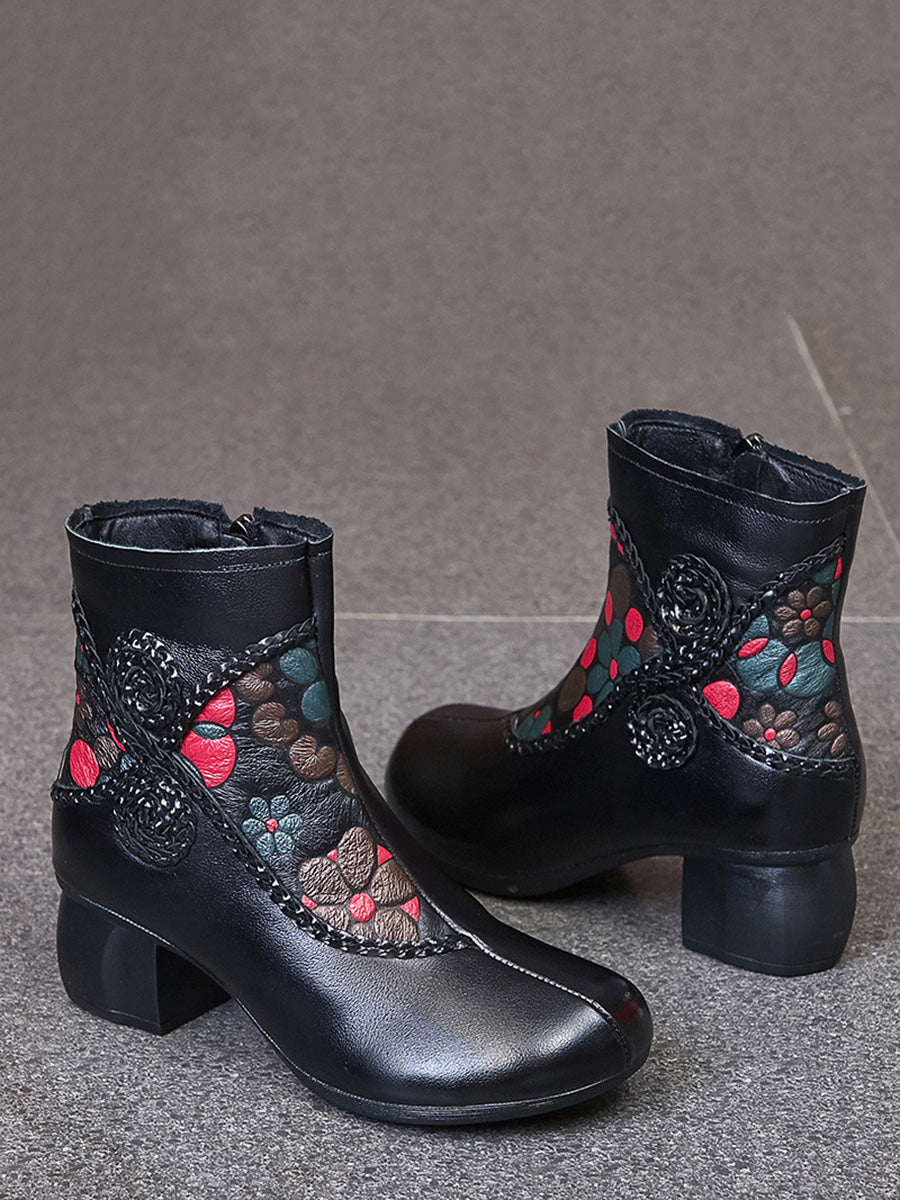 Bottes d'hiver ethniques à talons mi-hauts en cuir épissé à fleurs pour femmes AI1013