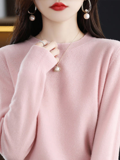 Women Autumn Solid Wool Knitted O-Neck Bottom Sweater CX058