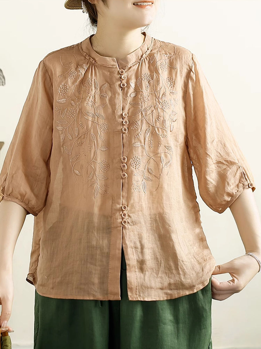 Chemise d'été en ramie avec broderie artistique et boutons pour femmes II1043