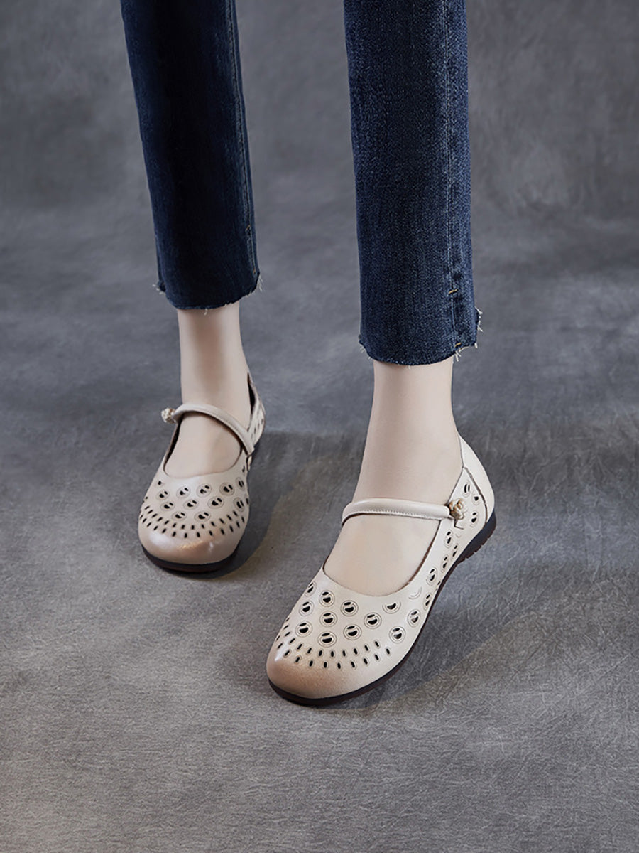 Genuine Shoes Women Summer Hollow Out Heel Low Leather