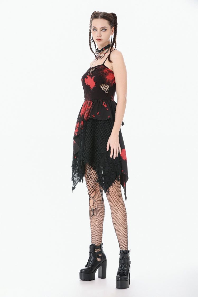 Crimson & Obsidian Sleeveless Irregular Mesh Tie Dye Punk Slip Dress