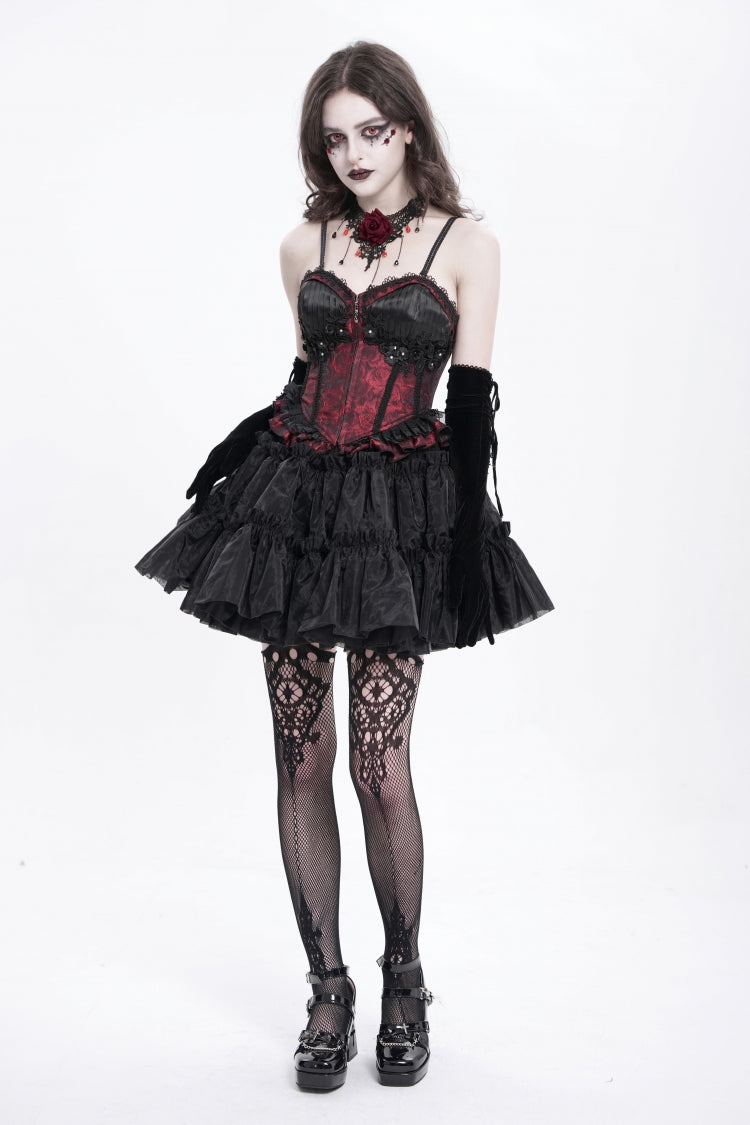 Crimson Gothic Tank Top with Lace-Up Embroidery and Ruffle Trim
