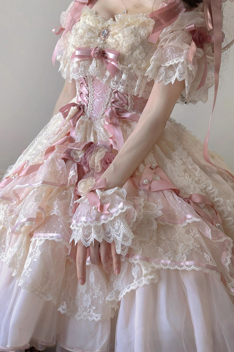 Blush Short Sleeves Jacquard Ruffled Cardigan Lace Dress