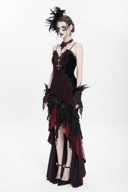 Crimson & Obsidian Sleeveless Cross Ruffled Floral Embroidered Chain-Decorated Gothic Long Slip Dress