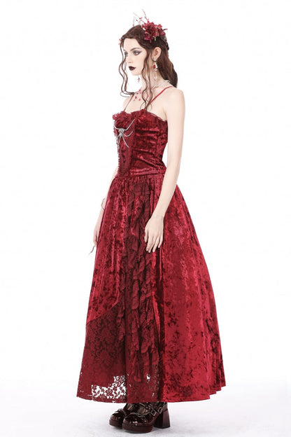 Crimson Sleeveless Gothic Velvet Slip Maxi Dress with Lace and Chains