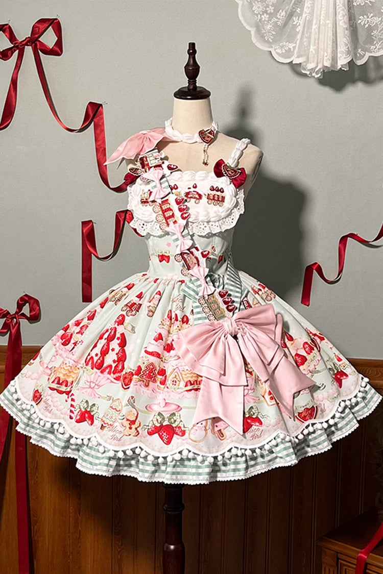 Natural Waisted Ruffle Bowknot Sweet Lolita JSK Dress with Strawberry Dessert Print - 4 Colors