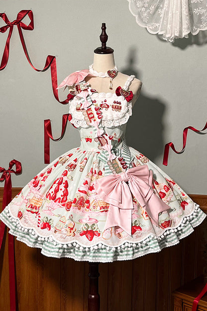 Natural Waisted Ruffle Bowknot Sweet Lolita JSK Dress with Strawberry Dessert Print - 4 Colors