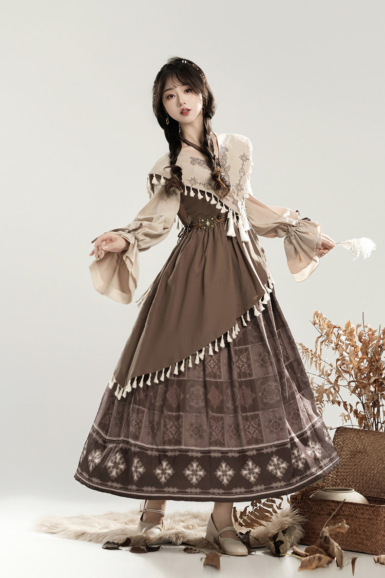 Mysterious Tribe Lantern Sleeve Chinese Style Lolita Dress - Asymmetric Ruffle