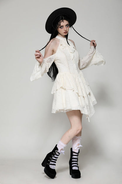 Steampunk Women's Dress with Halter Off-Shoulder Lapel Collar & Flare Sleeves, Cream