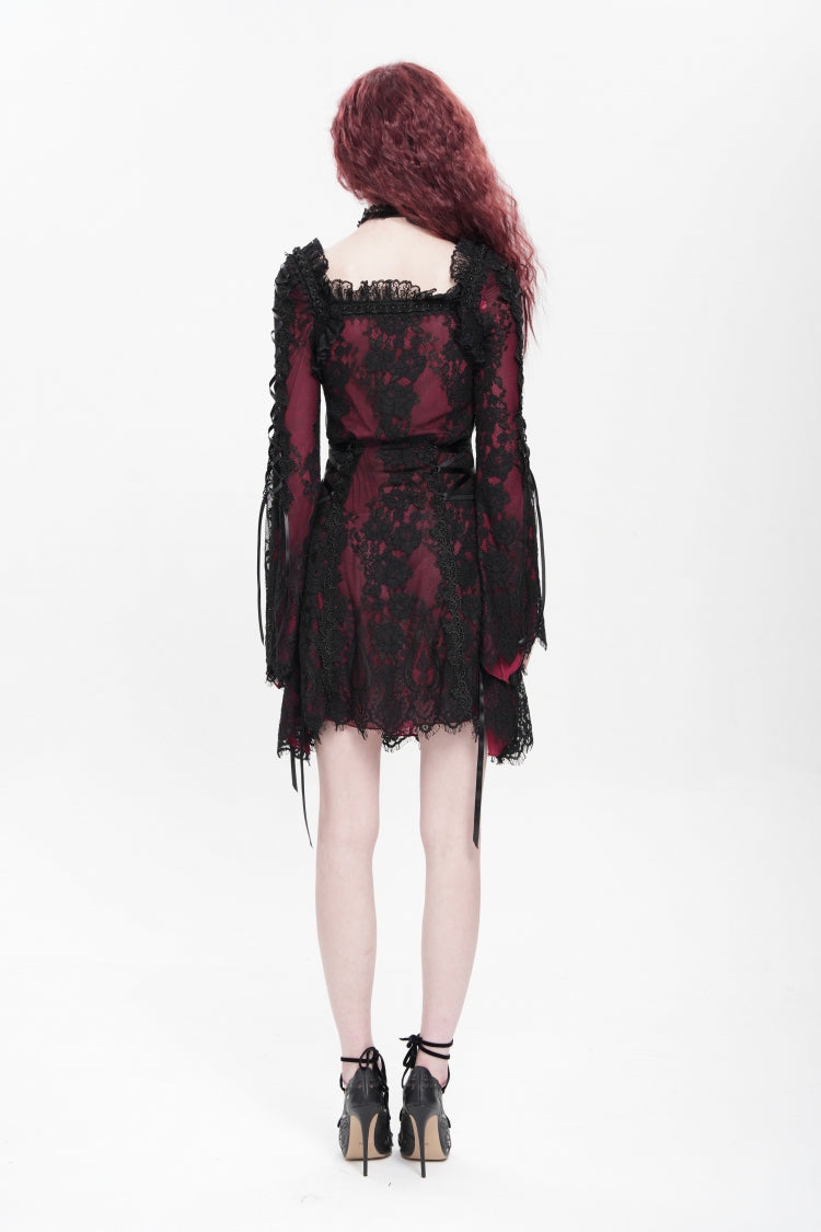 Crimson Square-Neck Gothic Dress with Floral Embroidery and Lace-Up