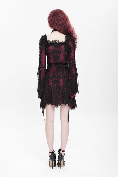 Crimson Square-Neck Gothic Dress with Floral Embroidery and Lace-Up