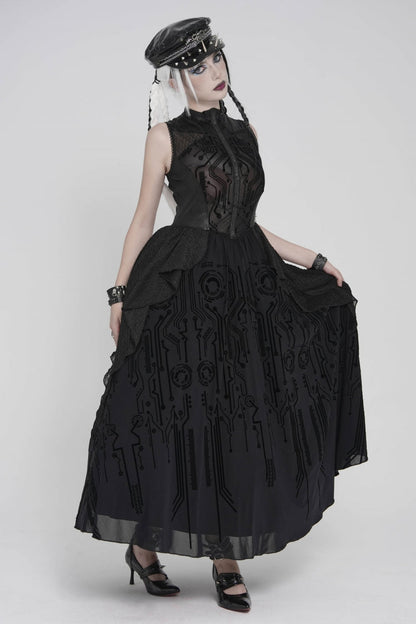 Gorgeous Black Punk Dress for Women, Layered Print with Sheer Fabric