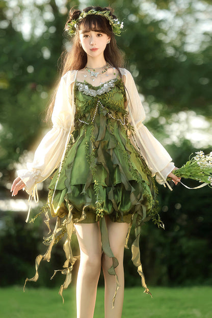 Emerald Leaf Decoration Ruffle Asymmetric Sweet Lolita Jumper Dress Set