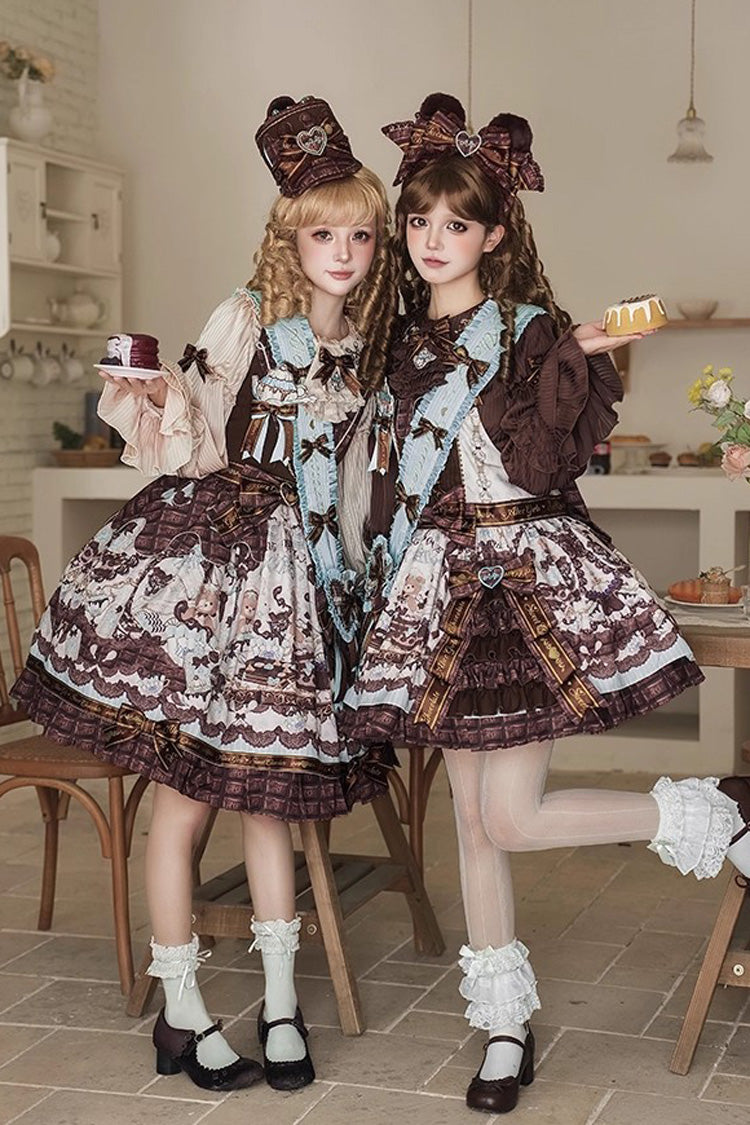 Teddy Bear Chocolate Asymmetric Lolita Strap Dress with Bow - Sleeveless