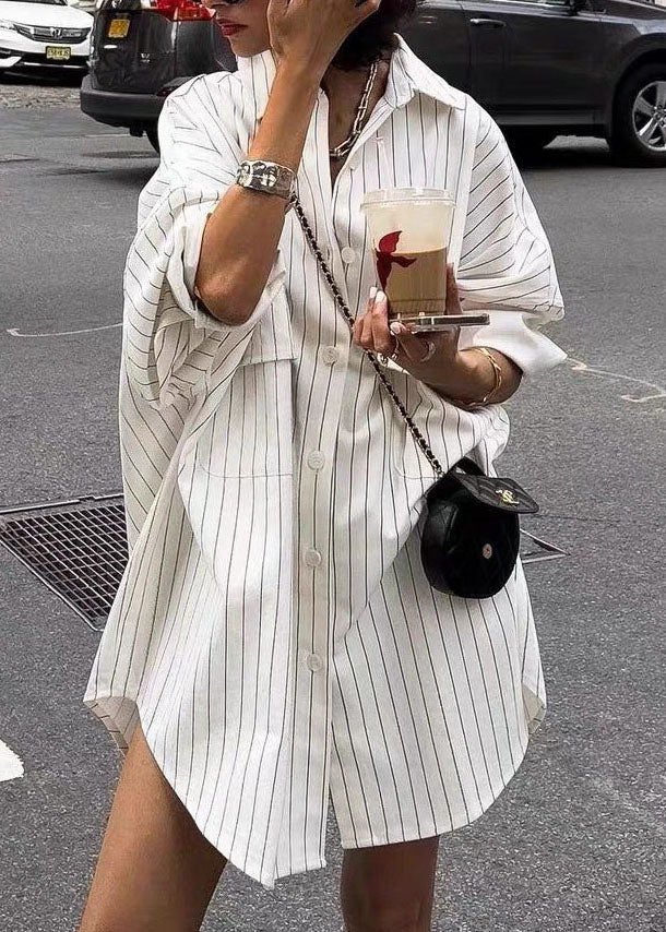 Spring Oversized Shirts Collar Cotton Striped Peter Pan White