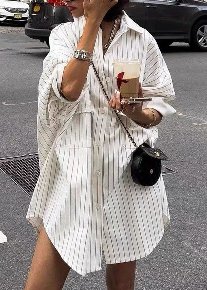 Spring Oversized Shirts Collar Cotton Striped Peter Pan White