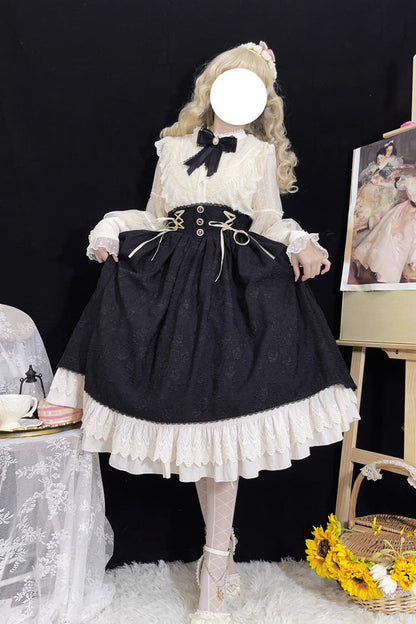 Ebony High-Waist Embroidered Ruffle Lace-Up Palace Skirt - Heart of Rose