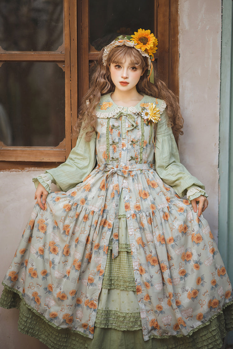 Emerald Sleeveless Sunflower Ruffle Bow Sweet Lolita Jumper Dress