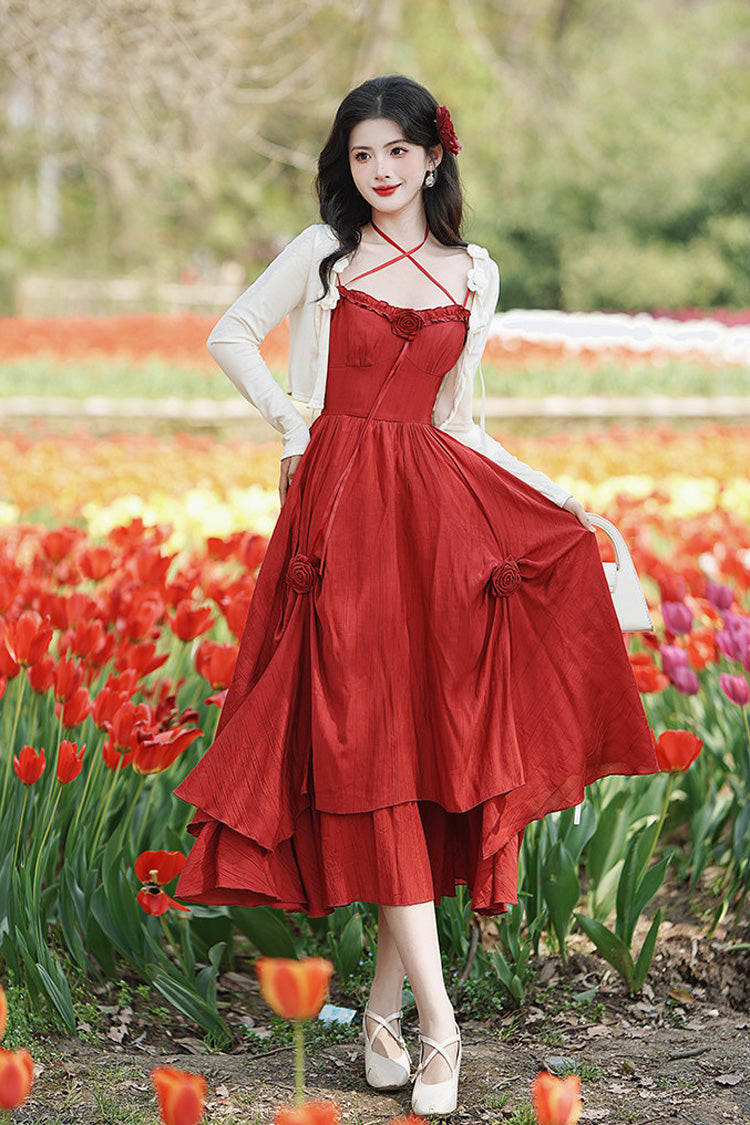 Crimson Classic Lolita JSK Dress with Double-Layered Ruffles and Rose Motif