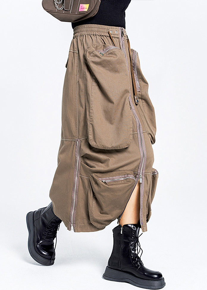 Summer Zippered Elastic Waist Skirt Pockets Loose Cotton Brown