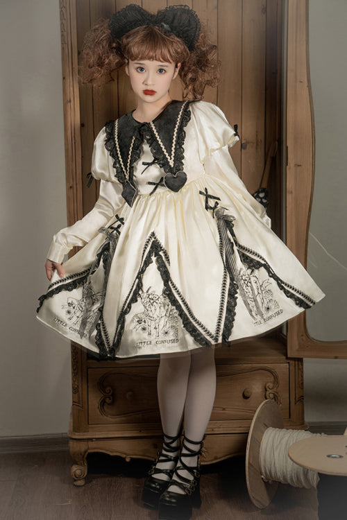 Sweet Lolita OP Dress with Doll Lapel Collar, Little Confused Print & High Waist, Cream
