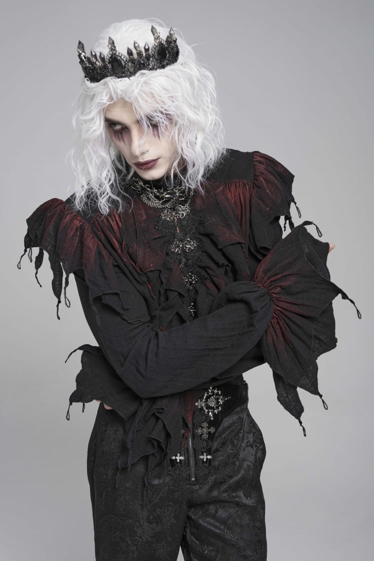Crimson & Obsidian Stand Collar Long Sleeves Ruffled Plunging Gothic Shirt