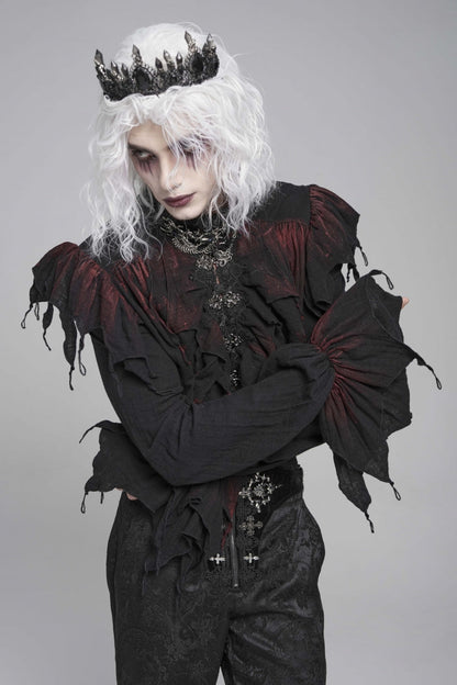 Crimson & Obsidian Stand Collar Long Sleeves Ruffled Plunging Gothic Shirt