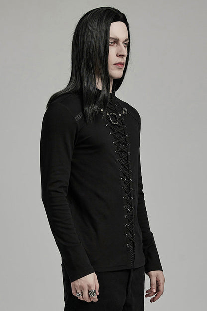 Ebony Long-Sleeve Lace-Up Ripped Men's Punk Blouse