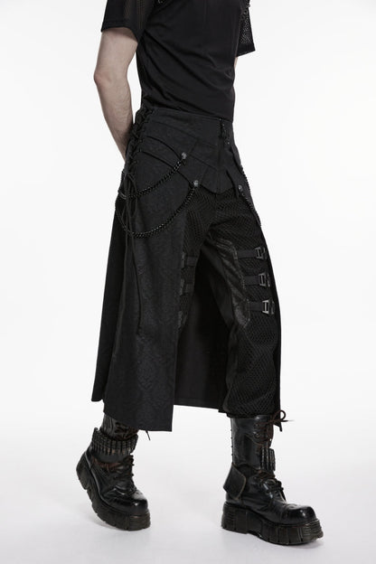 Black Lace-Up Zip Punk Skirt with Chain Detail for Men