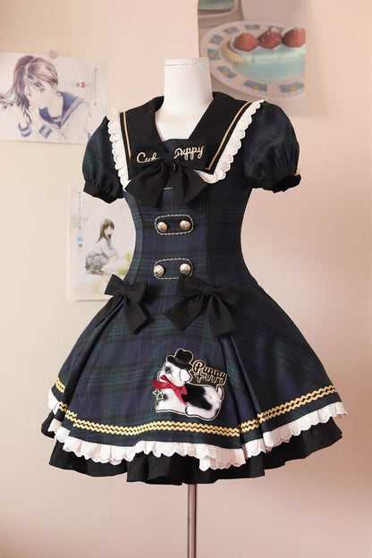 Azure Dalmatian Print Short Sleeve Ruffle Bow Slim Sweet Lolita Gown