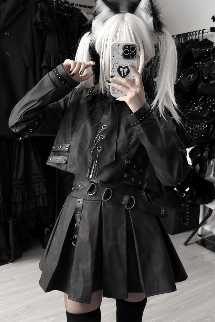 Japanese Handsome Top and Skirt Set with Studded Eyelet in Black