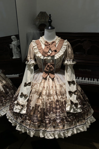 Teddy Bear Party Round Collar Printed Sweet Lolita Dress - Ruffled Bow