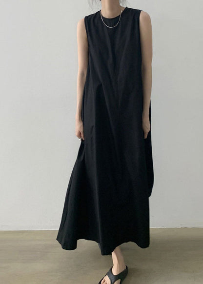Black Sleeveless Robe O-Neck Cotton Dresses
