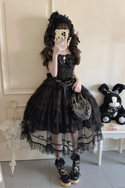 Gothic Lolita JSK Dress with Hanayome Ruffles and Lace-Up Back in Black