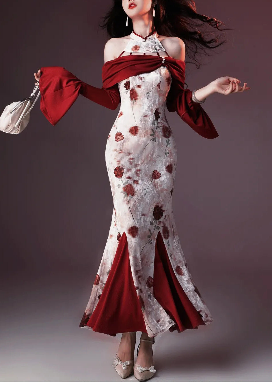 Velvet Print Patchwork Fishtail Chic Silk Red Flare Dresses
