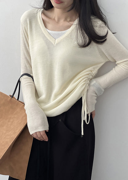 French Apricot V Neck Cinched Knit T Shirts Top Fall AF1009