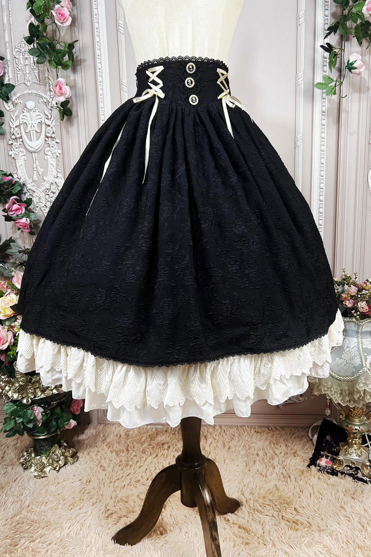 Ebony High-Waist Embroidered Ruffle Lace-Up Palace Skirt - Heart of Rose