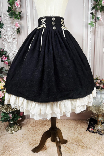 Ebony High-Waist Embroidered Ruffle Lace-Up Palace Skirt - Heart of Rose