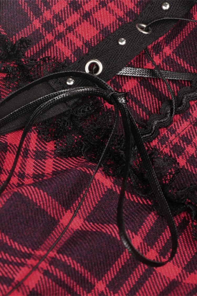Crimson Punk Mini Dress with Plaid Layers and Lace Trim